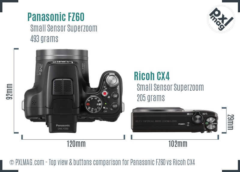 Panasonic FZ60 vs Ricoh CX4 top view buttons comparison