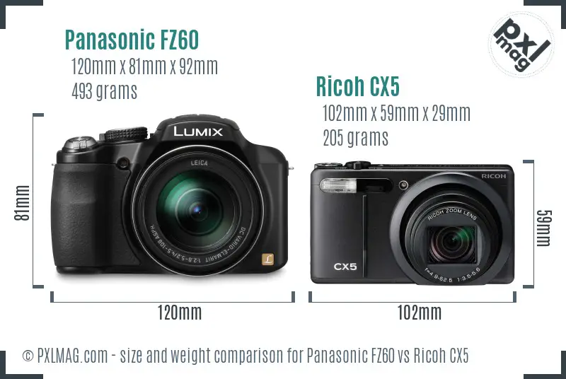 Panasonic FZ60 vs Ricoh CX5 size comparison
