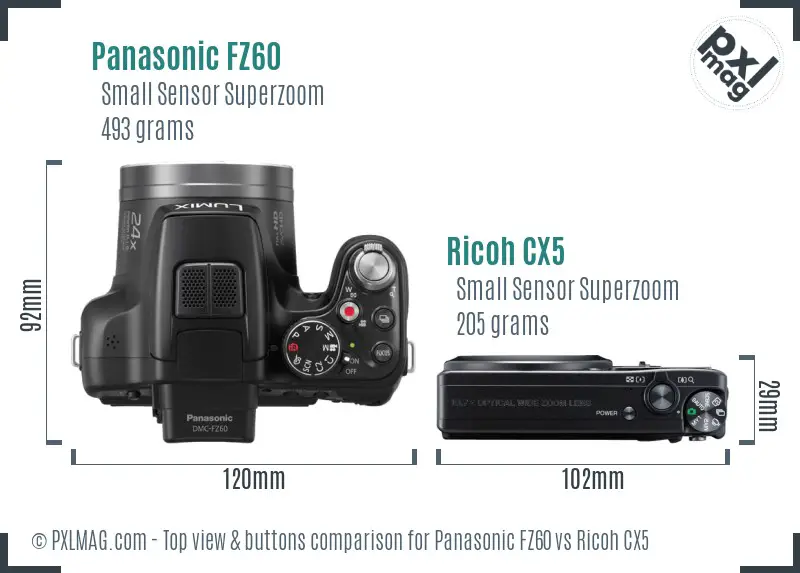 Panasonic FZ60 vs Ricoh CX5 top view buttons comparison