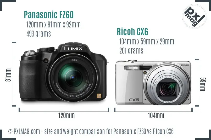 Panasonic FZ60 vs Ricoh CX6 size comparison