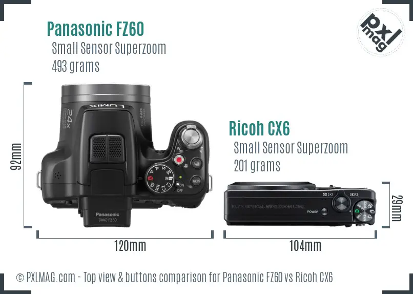 Panasonic FZ60 vs Ricoh CX6 top view buttons comparison