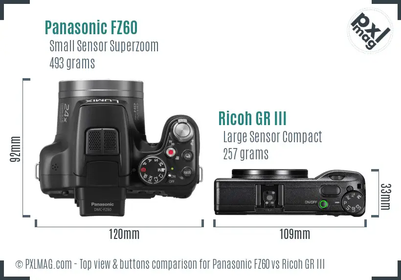 Panasonic FZ60 vs Ricoh GR III top view buttons comparison