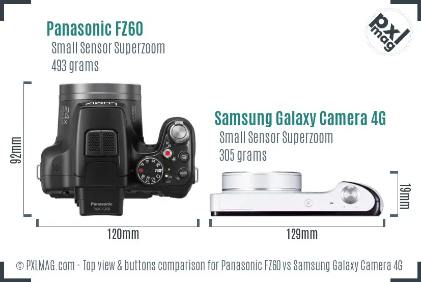 Panasonic FZ60 vs Samsung Galaxy Camera 4G top view buttons comparison Panasonic FZ60 vs Samsung Galaxy Camera 4G top view buttons comparison