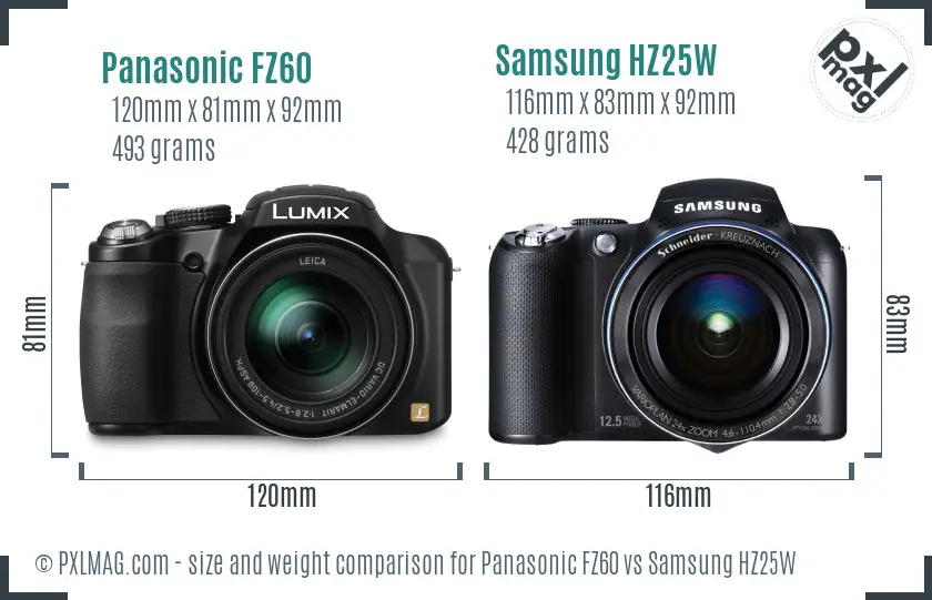 Panasonic FZ60 vs Samsung HZ25W size comparison Panasonic FZ60 vs Samsung HZ25W size comparison