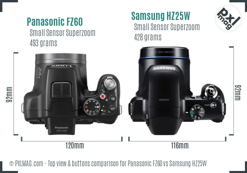 Panasonic FZ60 vs Samsung HZ25W top view buttons comparison Panasonic FZ60 vs Samsung HZ25W top view buttons comparison