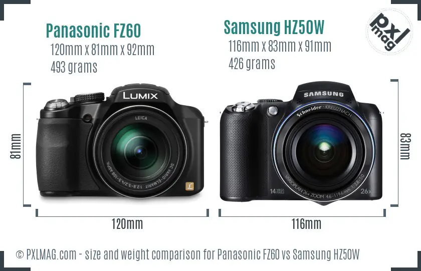 Panasonic FZ60 vs Samsung HZ50W size comparison