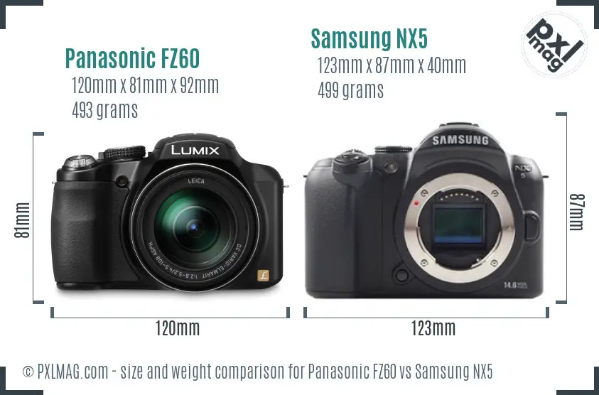 Panasonic FZ60 vs Samsung NX5 size comparison