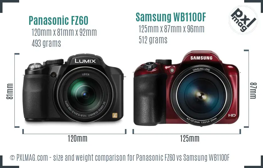 Panasonic FZ60 vs Samsung WB1100F size comparison