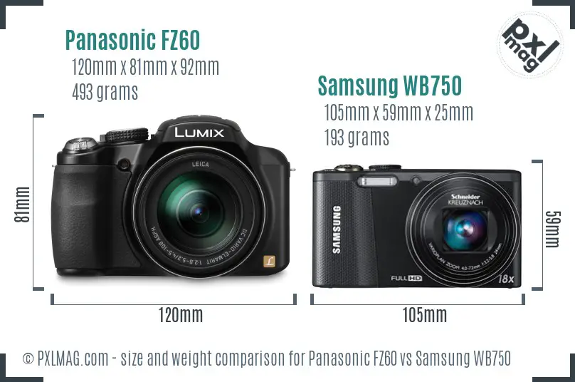 Panasonic FZ60 vs Samsung WB750 size comparison