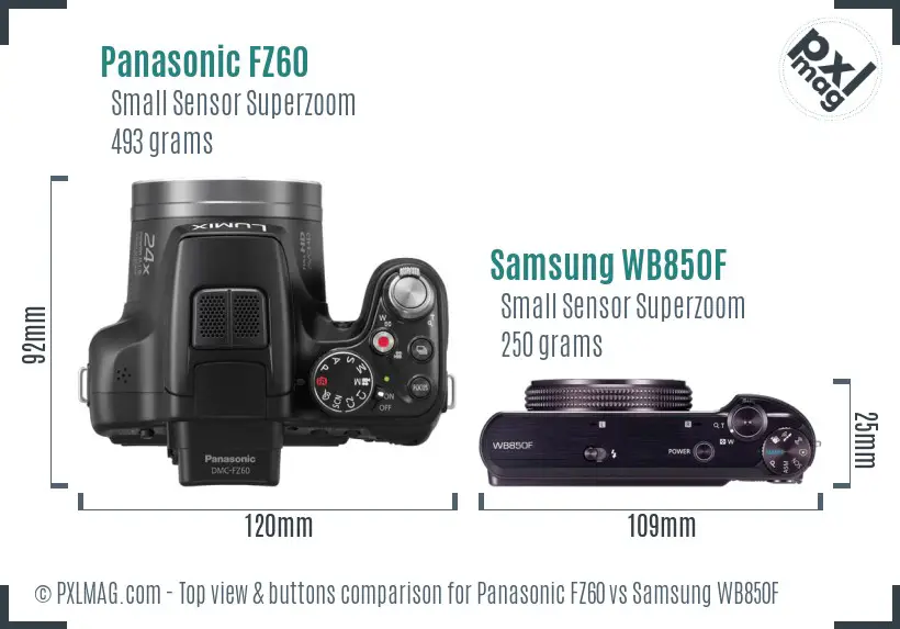 Panasonic FZ60 vs Samsung WB850F top view buttons comparison Panasonic FZ60 vs Samsung WB850F top view buttons comparison