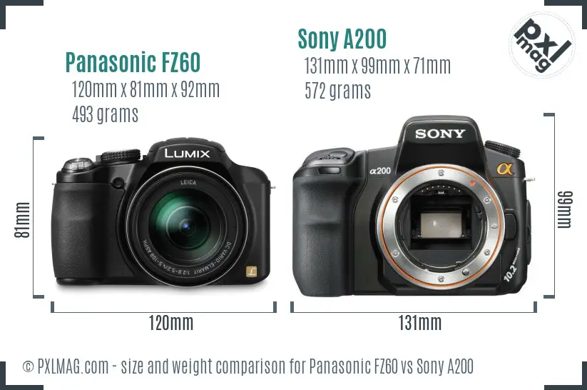 Panasonic FZ60 vs Sony A200 size comparison