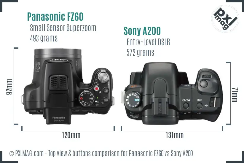 Panasonic FZ60 vs Sony A200 top view buttons comparison