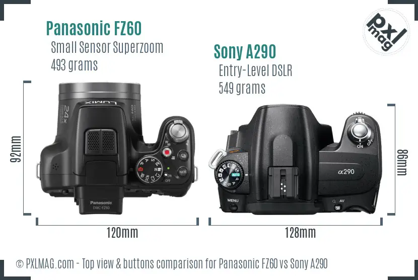 Panasonic FZ60 vs Sony A290 top view buttons comparison Panasonic FZ60 vs Sony A290 top view buttons comparison