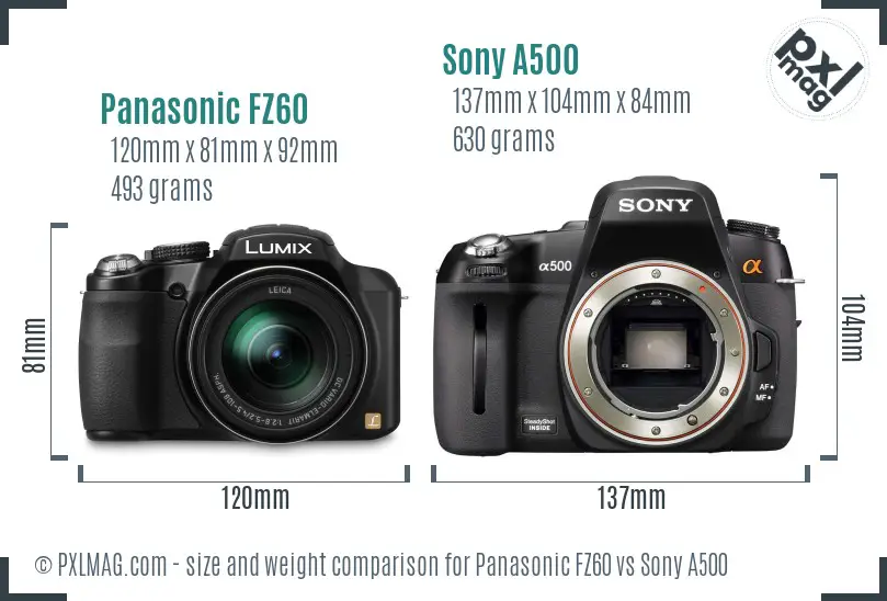 Panasonic FZ60 vs Sony A500 size comparison