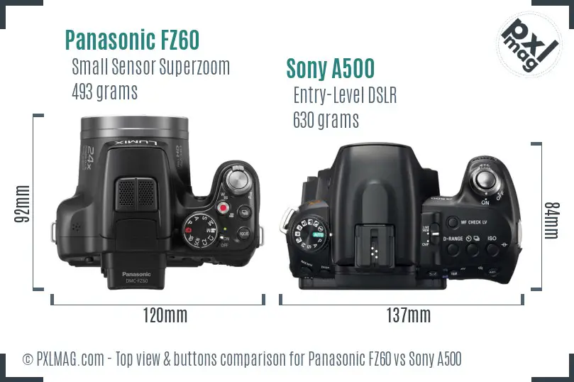 Panasonic FZ60 vs Sony A500 top view buttons comparison