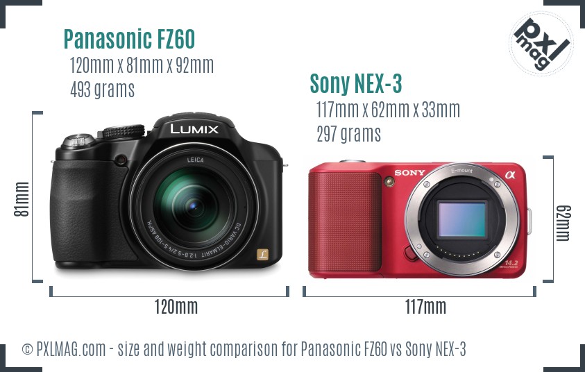 Panasonic FZ60 vs Sony NEX-3 size comparison