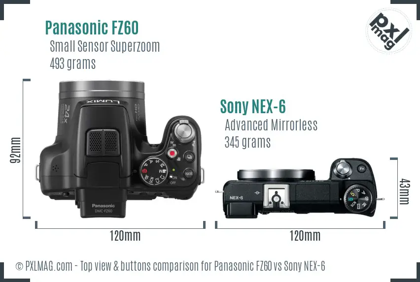 Panasonic FZ60 vs Sony NEX-6 top view buttons comparison