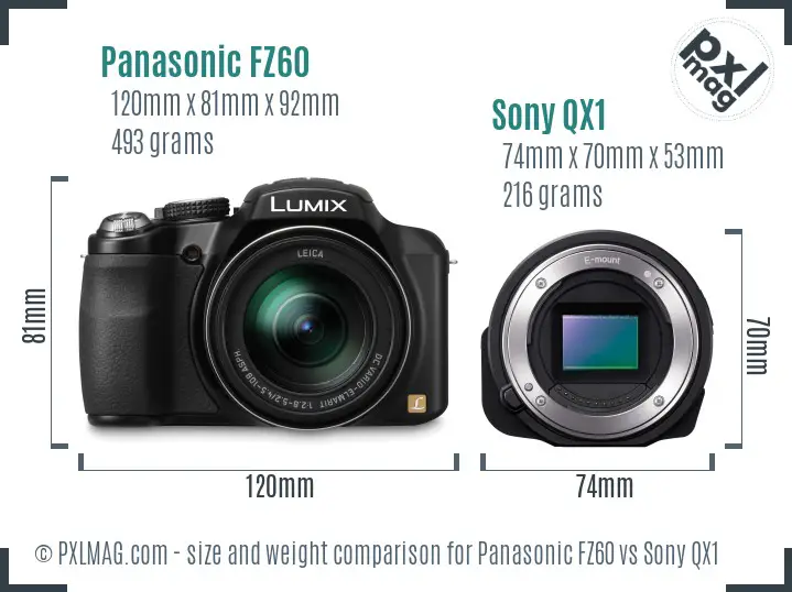 Panasonic FZ60 vs Sony QX1 size comparison