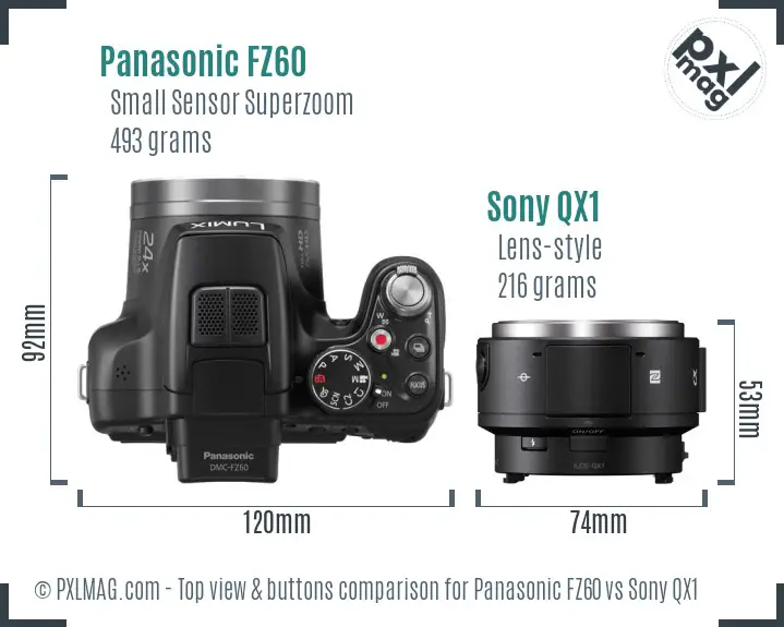 Panasonic FZ60 vs Sony QX1 top view buttons comparison