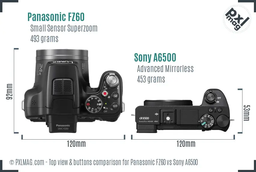 Panasonic FZ60 vs Sony A6500 top view buttons comparison