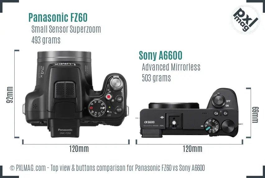 Panasonic FZ60 vs Sony A6600 top view buttons comparison Panasonic FZ60 vs Sony A6600 top view buttons comparison