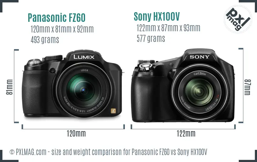 Panasonic FZ60 vs Sony HX100V size comparison