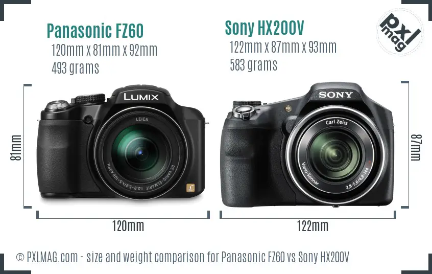 Panasonic FZ60 vs Sony HX200V size comparison
