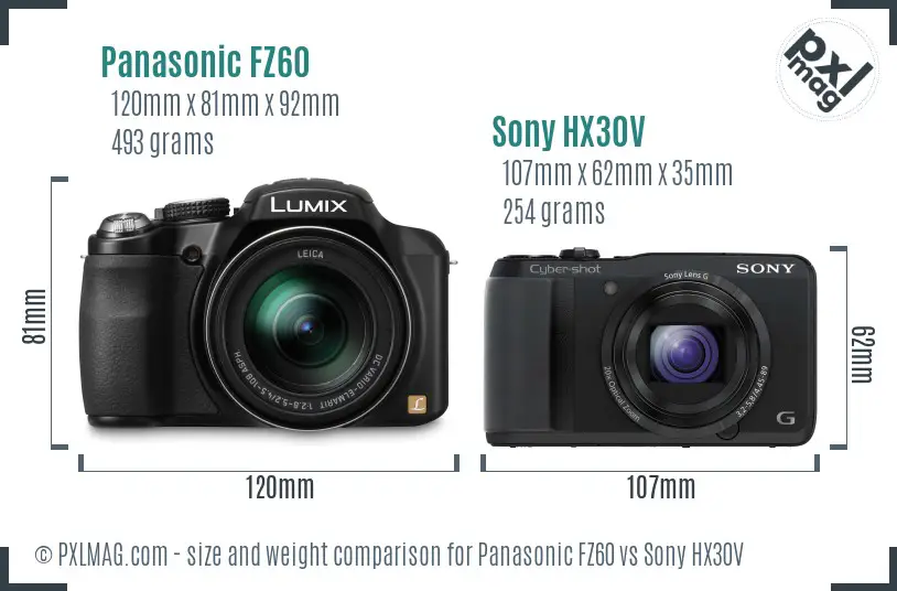 Panasonic FZ60 vs Sony HX30V size comparison Panasonic FZ60 vs Sony HX30V size comparison
