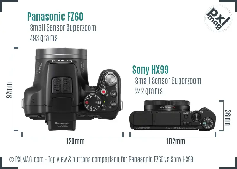 Panasonic FZ60 vs Sony HX99 top view buttons comparison