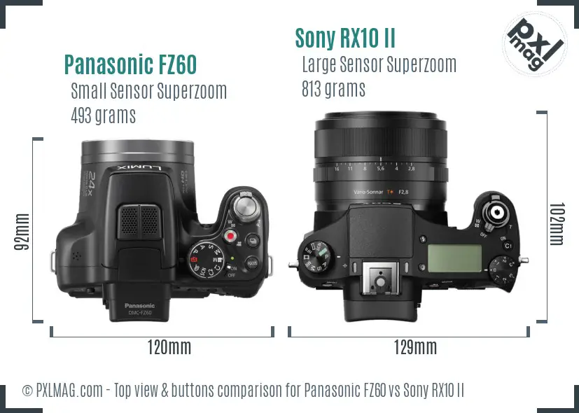 Panasonic FZ60 vs Sony RX10 II top view buttons comparison