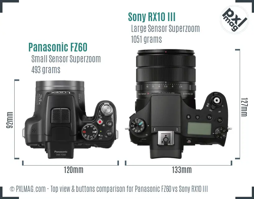 Panasonic FZ60 vs Sony RX10 III top view buttons comparison