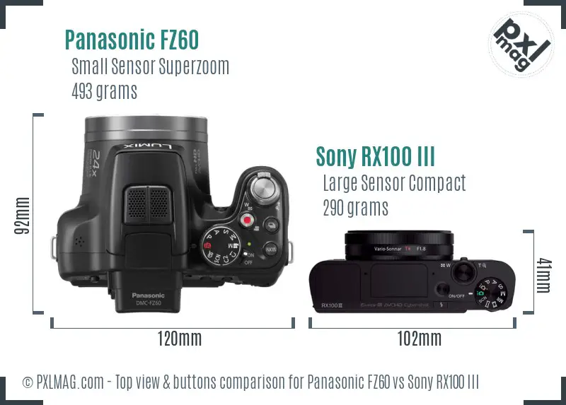 Panasonic FZ60 vs Sony RX100 III top view buttons comparison Panasonic FZ60 vs Sony RX100 III top view buttons comparison