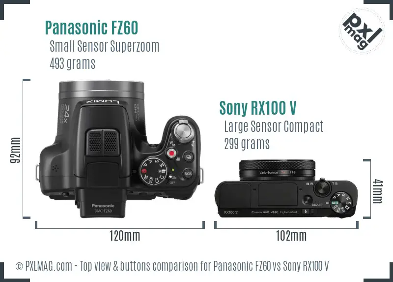 Panasonic FZ60 vs Sony RX100 V top view buttons comparison Panasonic FZ60 vs Sony RX100 V top view buttons comparison