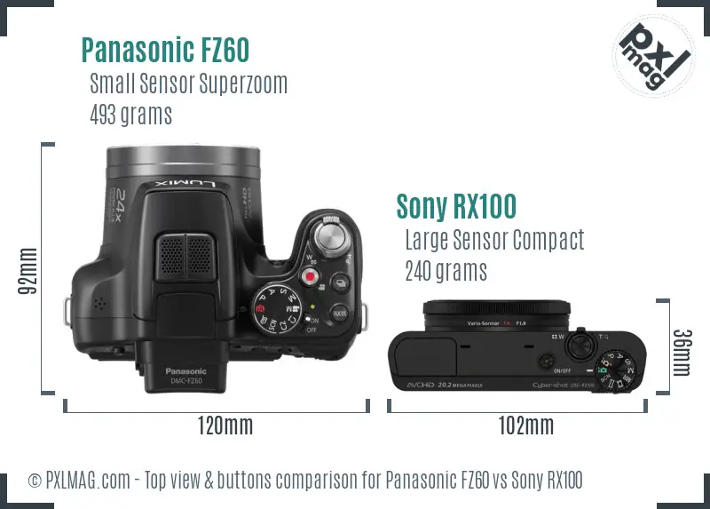 Panasonic FZ60 vs Sony RX100 top view buttons comparison Panasonic FZ60 vs Sony RX100 top view buttons comparison