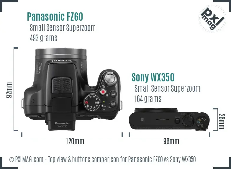 Panasonic FZ60 vs Sony WX350 top view buttons comparison Panasonic FZ60 vs Sony WX350 top view buttons comparison