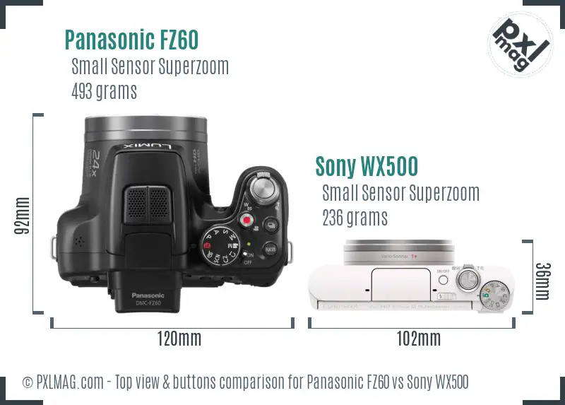 Panasonic FZ60 vs Sony WX500 top view buttons comparison