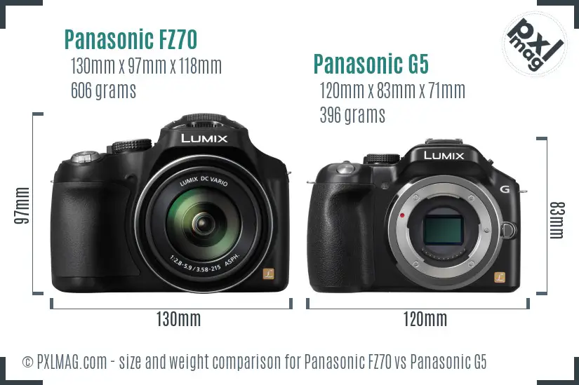 Panasonic FZ70 vs Panasonic G5 size comparison