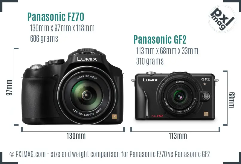 Panasonic FZ70 vs Panasonic GF2 size comparison
