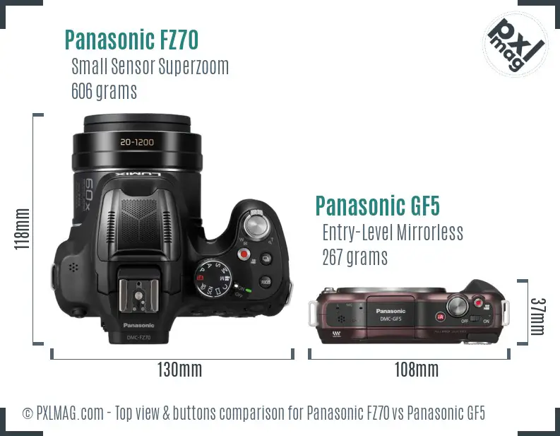 Panasonic FZ70 vs Panasonic GF5 top view buttons comparison