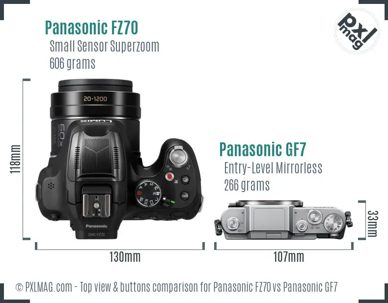 Panasonic FZ70 vs Panasonic GF7 top view buttons comparison