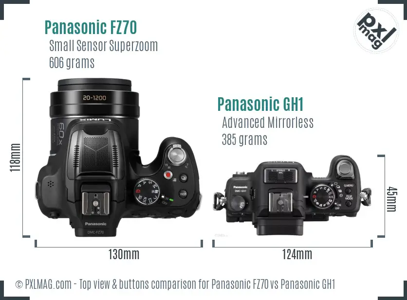 Panasonic FZ70 vs Panasonic GH1 top view buttons comparison