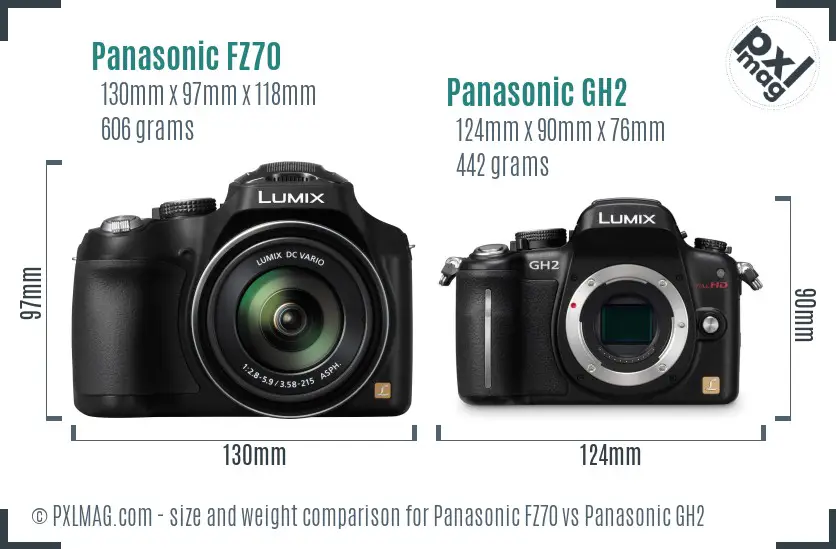 Panasonic FZ70 vs Panasonic GH2 size comparison
