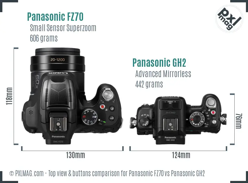 Panasonic FZ70 vs Panasonic GH2 top view buttons comparison