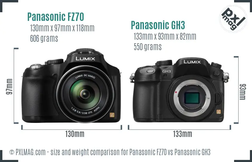 Panasonic FZ70 vs Panasonic GH3 size comparison