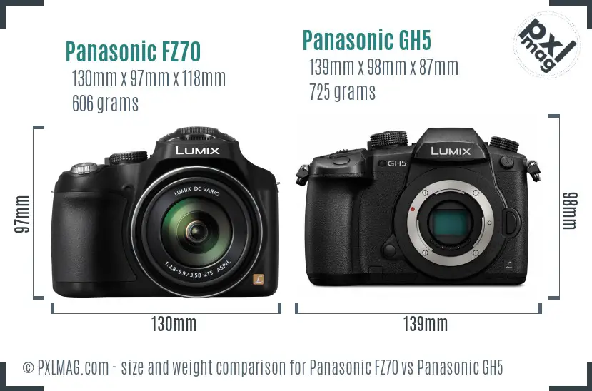 Panasonic FZ70 vs Panasonic GH5 size comparison