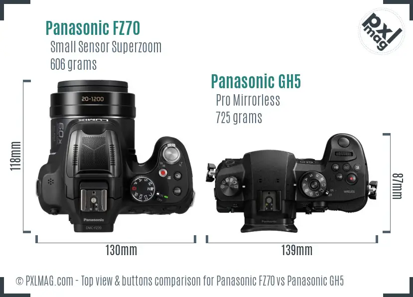 Panasonic FZ70 vs Panasonic GH5 top view buttons comparison