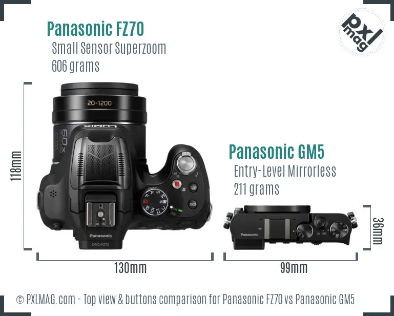 Panasonic FZ70 vs Panasonic GM5 top view buttons comparison