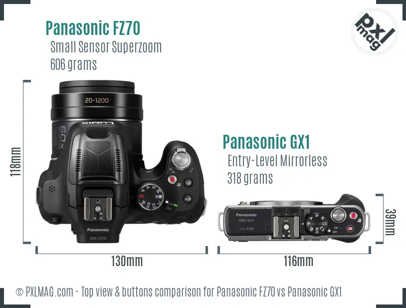 Panasonic FZ70 vs Panasonic GX1 top view buttons comparison