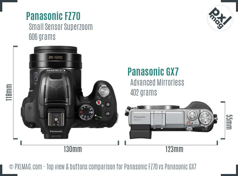 Panasonic FZ70 vs Panasonic GX7 top view buttons comparison