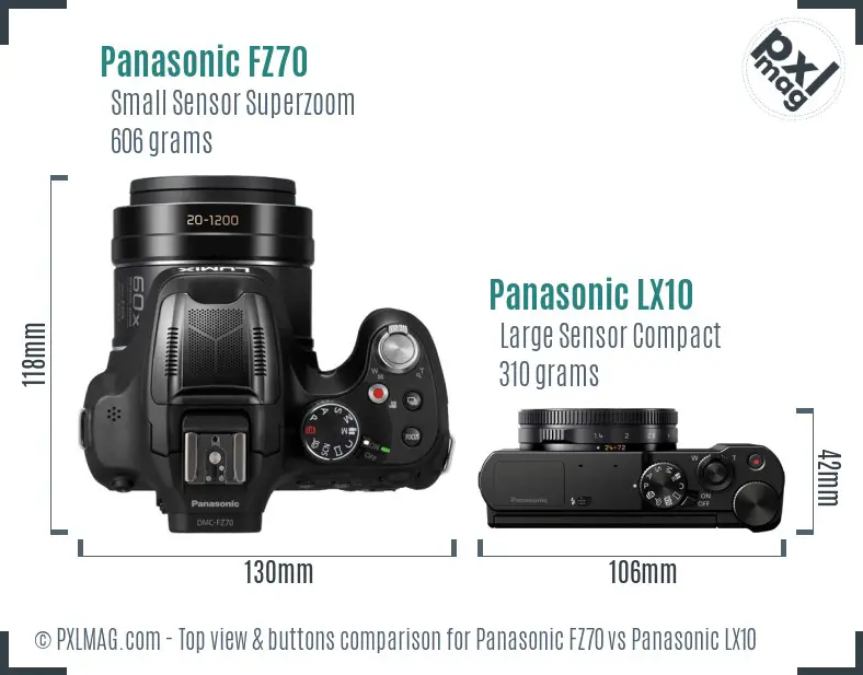 Panasonic FZ70 vs Panasonic LX10 top view buttons comparison